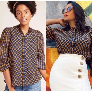 Anthropologie Eva Franco Plaid Puff Sleeve Blouse
